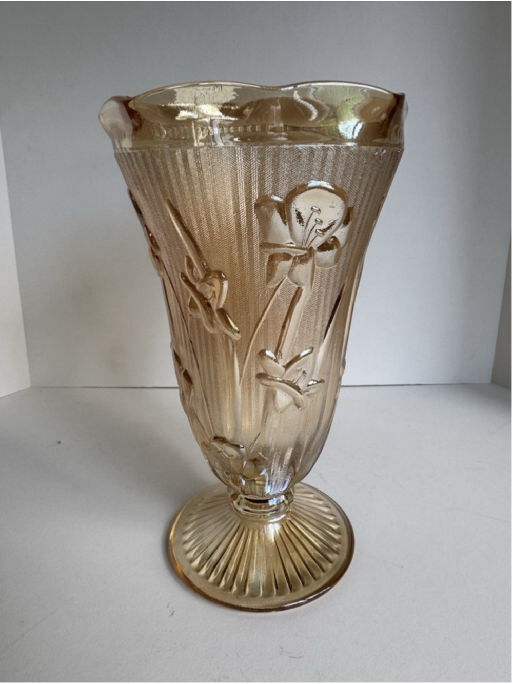 Vintage Jeannette Glass "Iris and Herringbone" pattern carnival glass vase